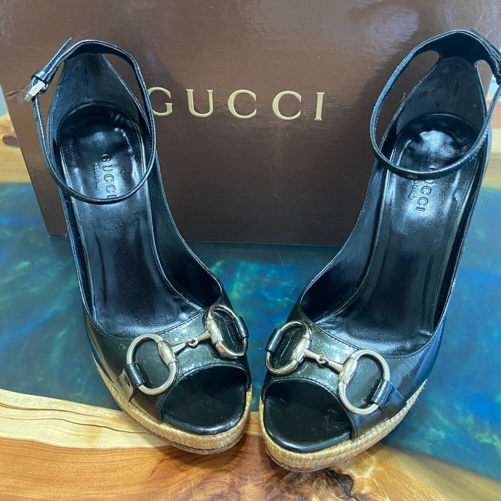 Gucci 5.5US 35.5 EU, NERO Platform Peep Toe Shoes (Sand Pelle S. Cuoio 1000)